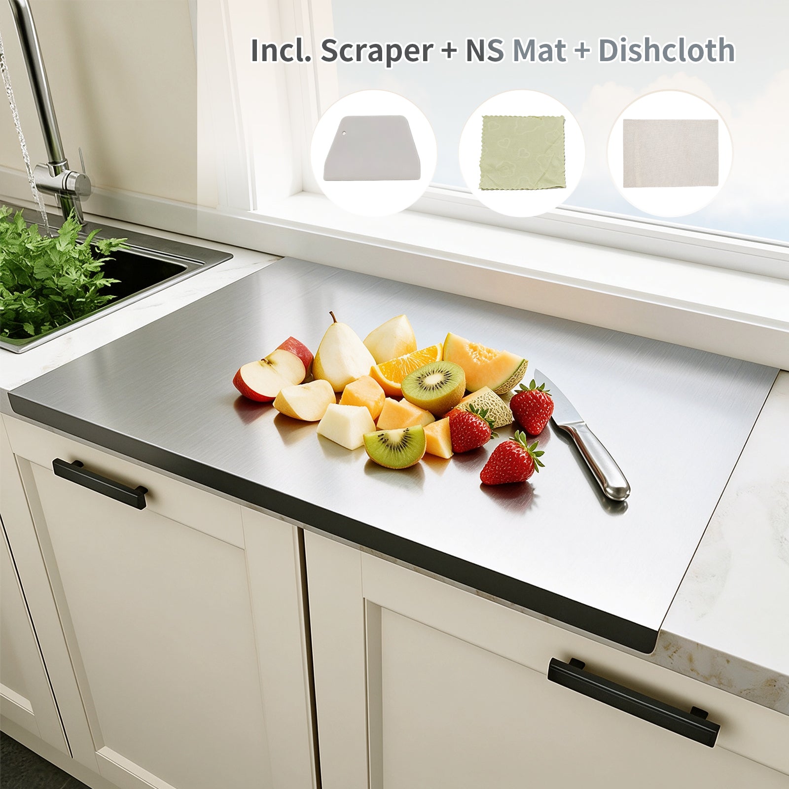 Windur Extra Large Stainless Steel Cutting Board with lip, Metal Chopping Boards for Kitchen, Scraper, Non-Slip Mat, Pastry Charcuterie Board for Countertop Cutting Meats Fruits 15.8"x23.6"