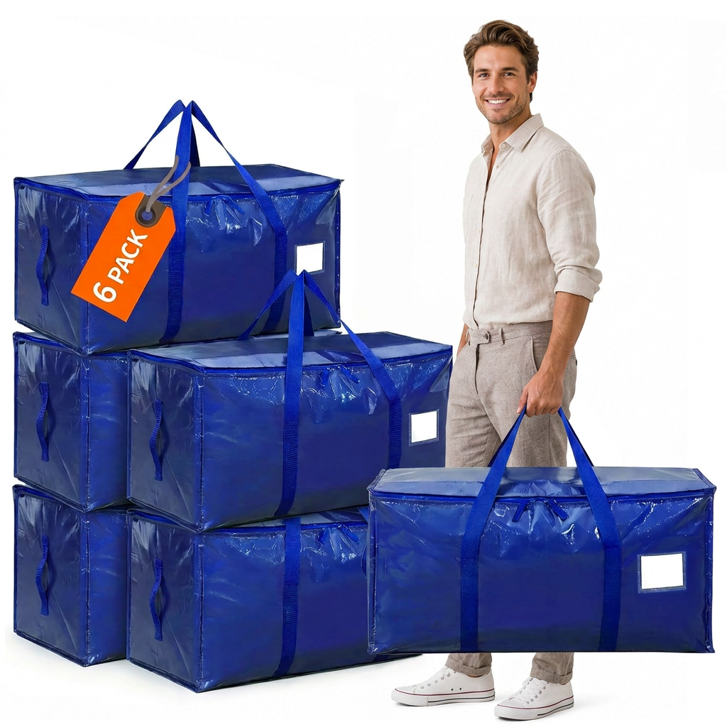 Windur 6 Pack Large Moving Bags & Storage Bag, 90L Heavy Duty Moving Box with Reinforced Bottom & Wrap-Around Handles, Tear-Resistant, Closet Organizers and Storage Tote for College Dorm Clothes-Blue