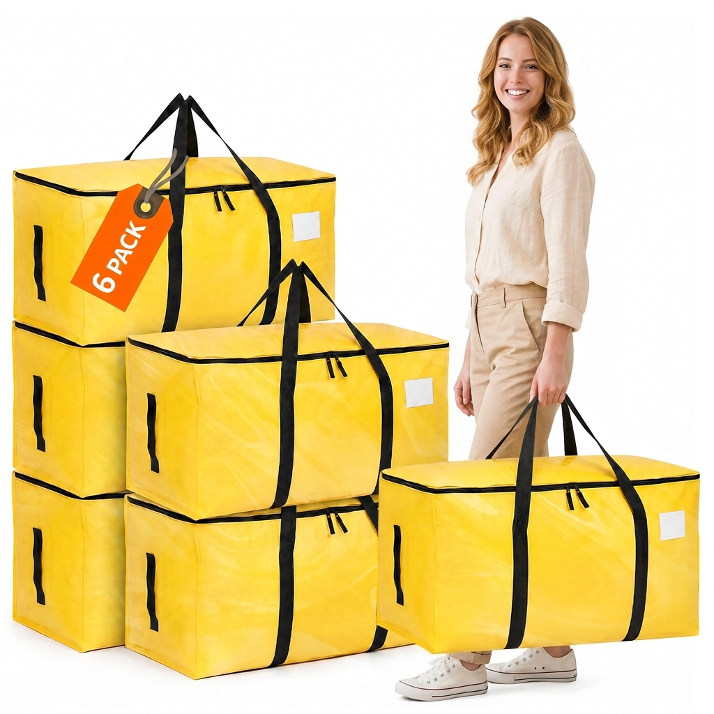 6 Pack Large Moving Bags and Storage Bag, 90L Heavy Duty Moving Boxes with Reinforced Bottom & Wrap-Around Handles, Tear-Resistant, Closet Organizers and Storage Bins for College Dorm Clothes-Yellow