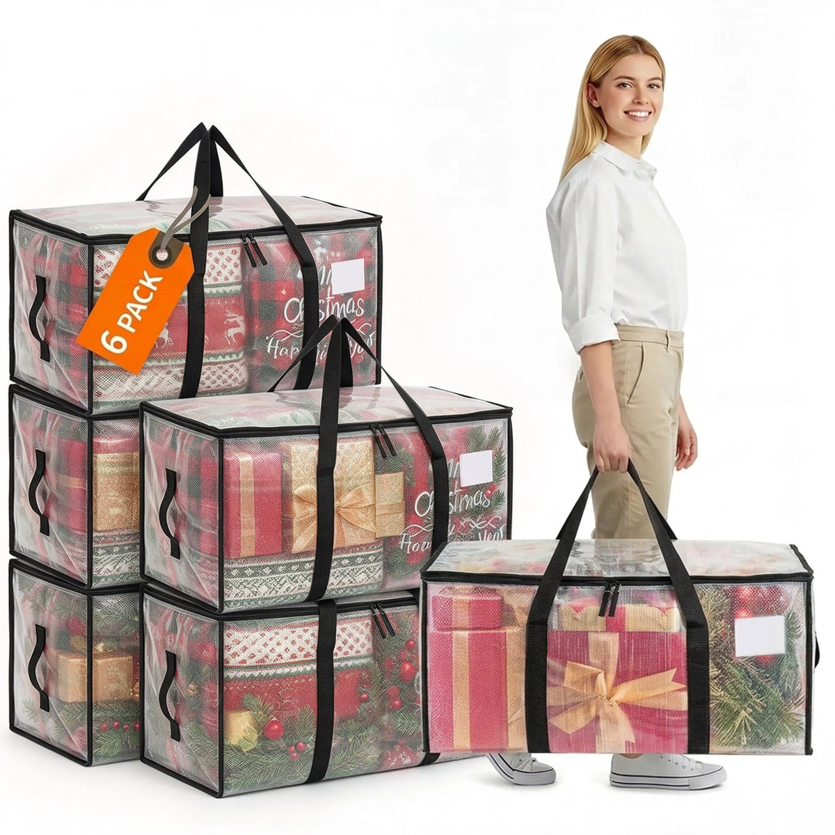 Windur 6 Pack XL Heavy Duty Foldable Moving Bags Sturdy & Durable Clothes Storage Bags Totes Bins with Reinforced Bottom, Packing Bags Moving Boxes College Moving Supplies, Clear