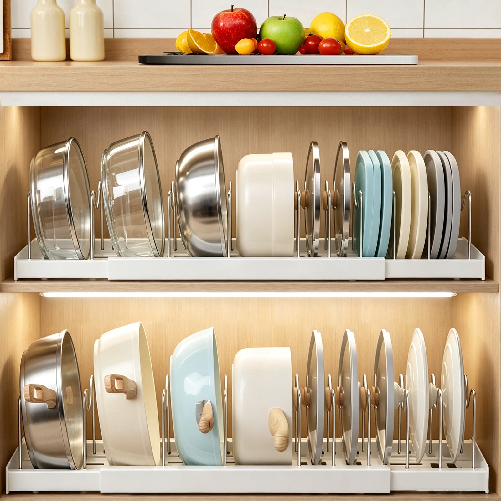 Windur 2 Pack Pots and Pans Organizer Under Cabinet, 22.4" Expandable Kitchen Organizers and Storage with 10 Adjustable Dividers, Pot and Pan Lid Storage Rack Inside Cabinet/Countertop Cupboard-White