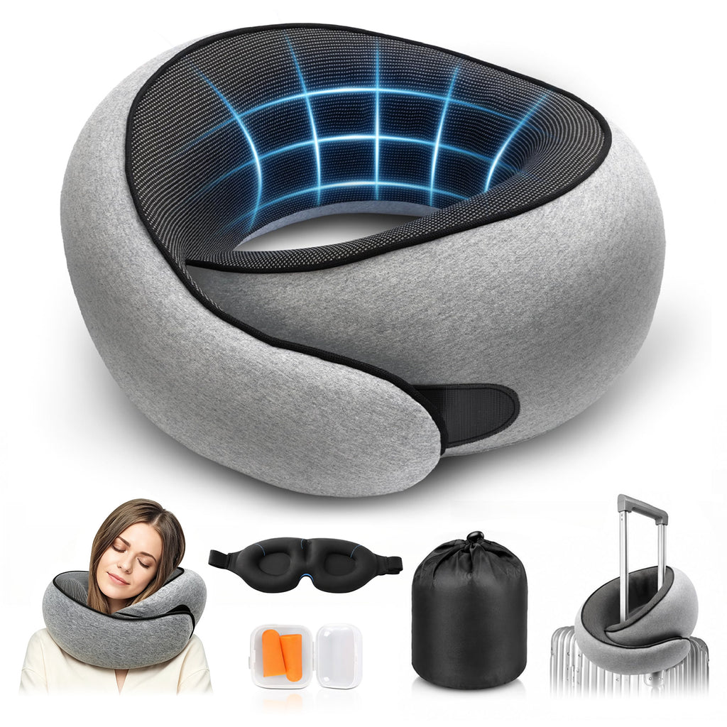 Windur Travel Neck Pillow for Airplane, Memory Foam Neck Pillow for Airplanes, Comfortable Breathable Cover, 360° Support Stowable Pillows for Sleeping/Car, Airport Travel Essentials, Gray