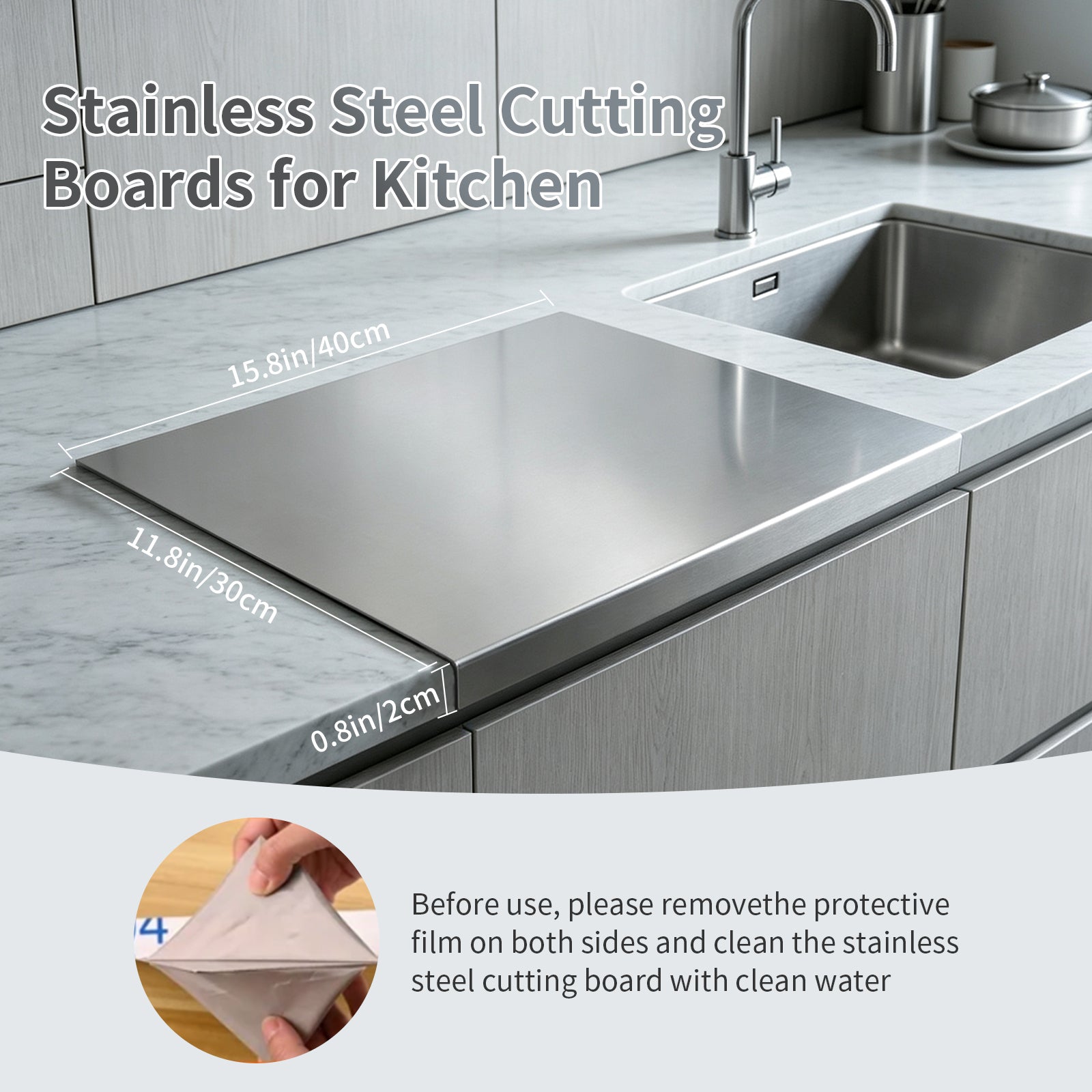 Windur Large Stainless Steel Cutting Boards for Kitchen, Metal Chopping Boards with Lip, Scraper, Non-Slip Mat, Pastry Charcuterie Board for Countertop Cutting Meats Fruits, Easy To Clean 11.8"x15.8"