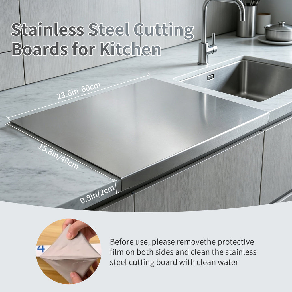 Windur Extra Large Stainless Steel Cutting Board with lip, Metal Chopping Boards for Kitchen, Scraper, Non-Slip Mat, Pastry Charcuterie Board for Countertop Cutting Meats Fruits 15.8"x23.6"