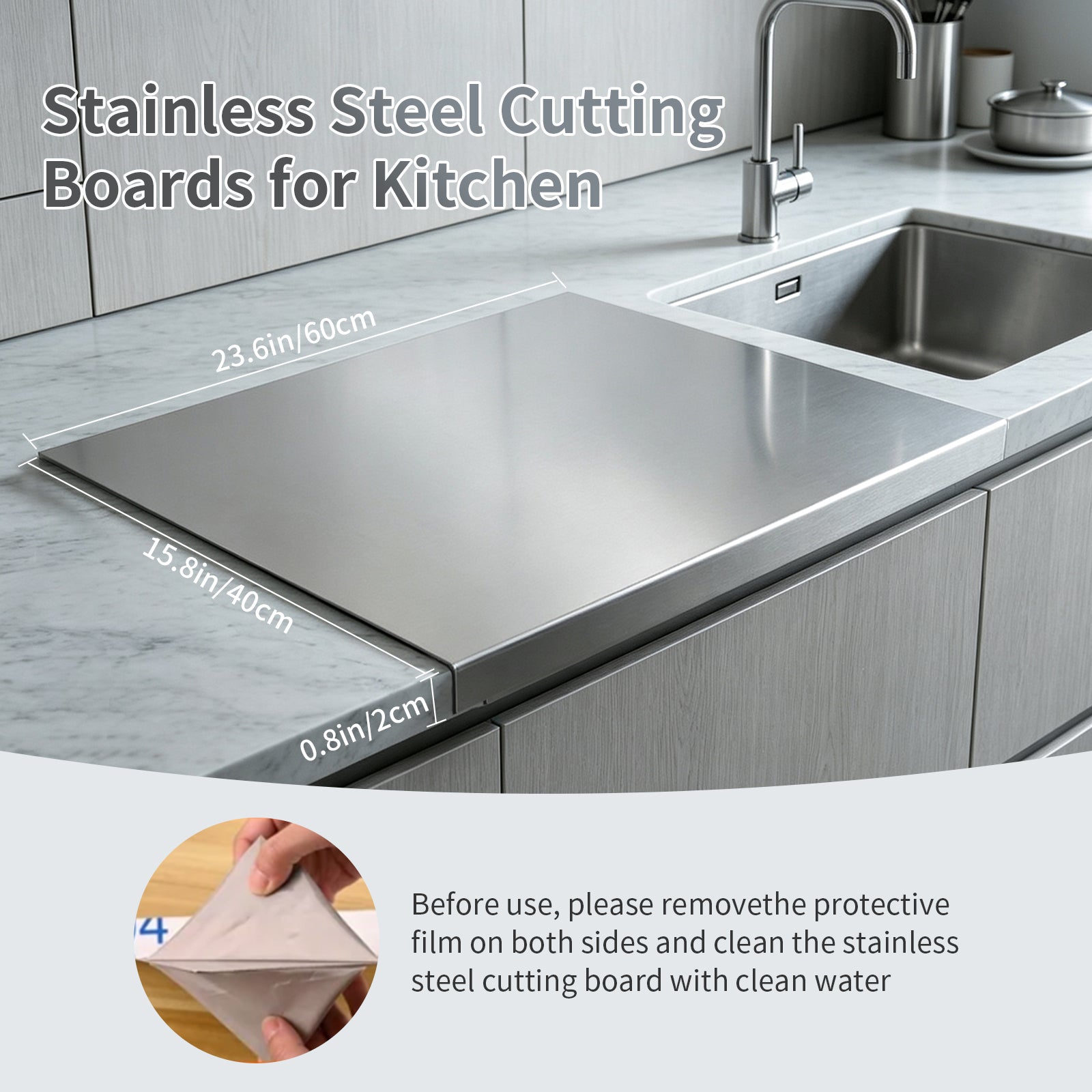 Windur Extra Large Stainless Steel Cutting Board with lip, Metal Chopping Boards for Kitchen, Scraper, Non-Slip Mat, Pastry Charcuterie Board for Countertop Cutting Meats Fruits 15.8"x23.6"