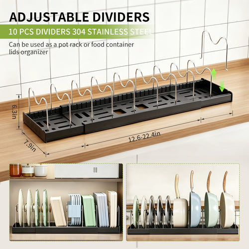 Windur 2 Pack Pots and Pans Organizer Under Cabinet, 22.4" Expandable Kitchen Organizers and Storage with 10 Adjustable Dividers, Pot and Pan Lid Storage Rack Inside Cabinet/Countertop Cupboard-Black