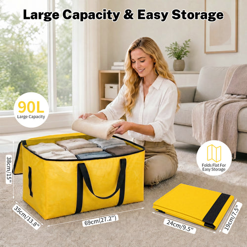 6 Pack Large Moving Bags and Storage Bag, 90L Heavy Duty Moving Boxes with Reinforced Bottom & Wrap-Around Handles, Tear-Resistant, Closet Organizers and Storage Bins for College Dorm Clothes-Yellow