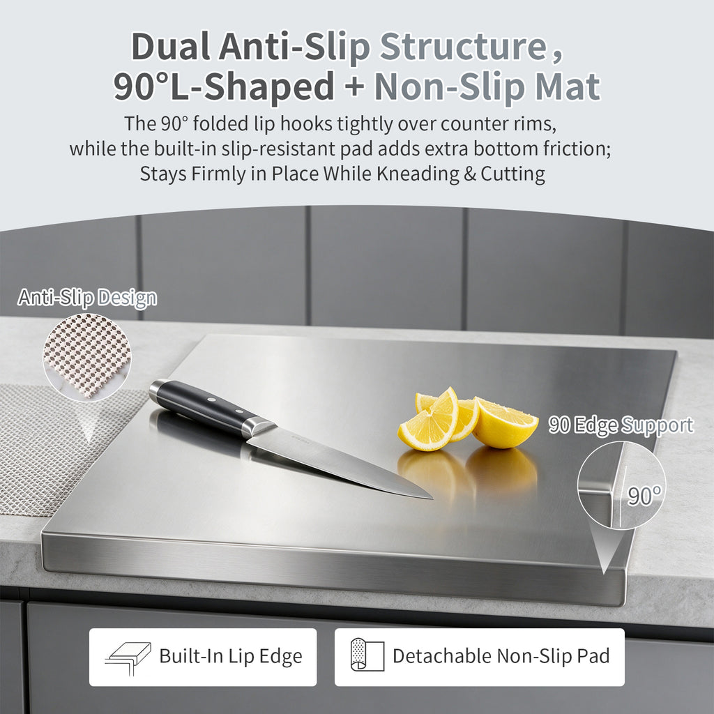 Windur Large Stainless Steel Cutting Boards for Kitchen, Metal Chopping Boards with Lip, Scraper, Non-Slip Mat, Pastry Charcuterie Board for Countertop Cutting Meats Fruits, Easy To Clean 11.8"x15.8"