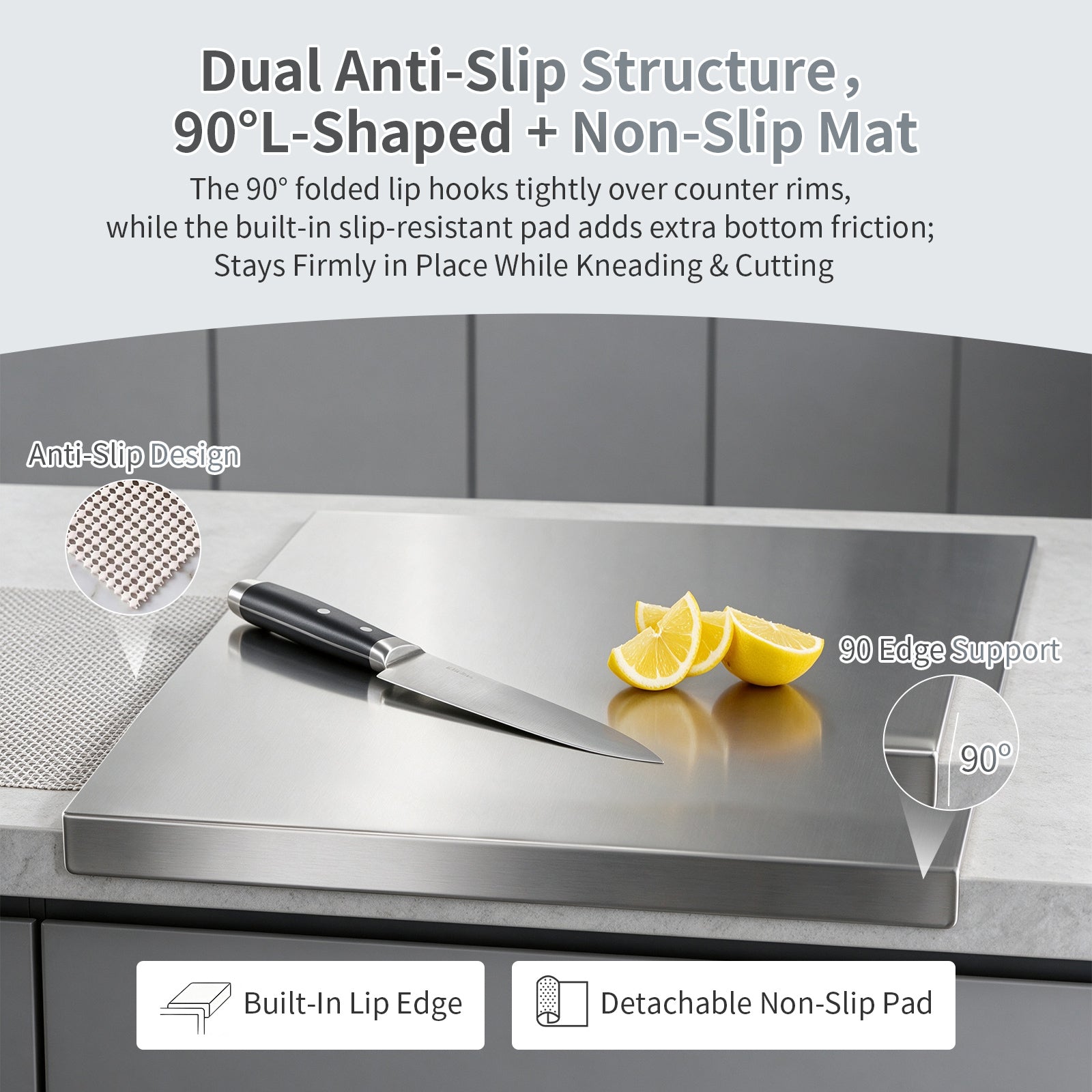 Windur Large Stainless Steel Cutting Boards for Kitchen, Metal Chopping Boards with Lip, Scraper, Non-Slip Mat, Pastry Charcuterie Board for Countertop Cutting Meats Fruits, Easy To Clean 11.8"x15.8"