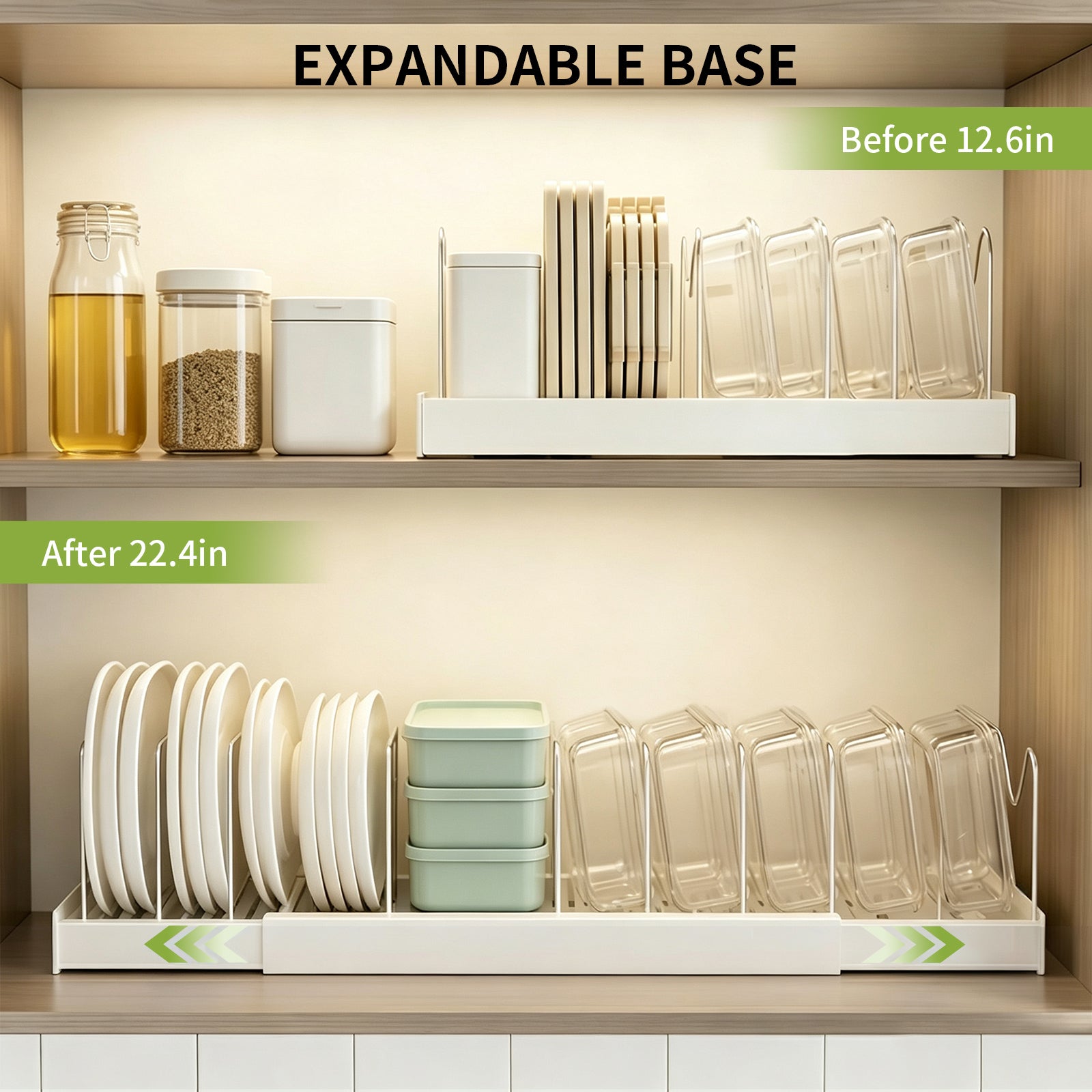Windur 2 Pack Pots and Pans Organizer Under Cabinet, 22.4" Expandable Kitchen Organizers and Storage with 10 Adjustable Dividers, Pot and Pan Lid Storage Rack Inside Cabinet/Countertop Cupboard-White
