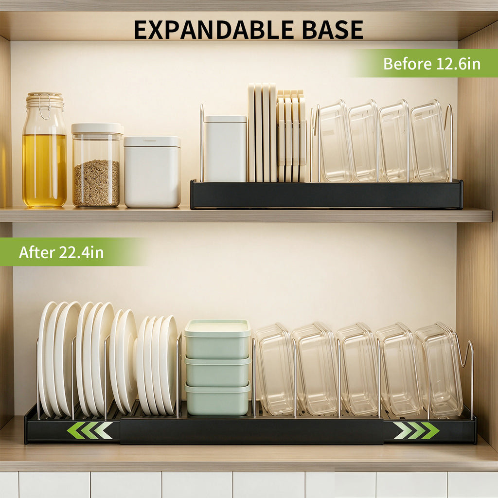 Windur 2 Pack Pots and Pans Organizer Under Cabinet, 22.4" Expandable Kitchen Organizers and Storage with 10 Adjustable Dividers, Pot and Pan Lid Storage Rack Inside Cabinet/Countertop Cupboard-Black