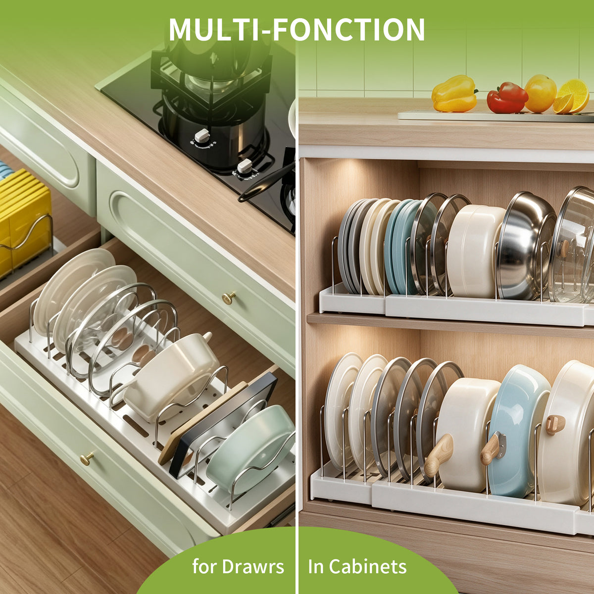 Windur 2 Pack Pots and Pans Organizer Under Cabinet, 22.4" Expandable Kitchen Organizers and Storage with 10 Adjustable Dividers, Pot and Pan Lid Storage Rack Inside Cabinet/Countertop Cupboard-White