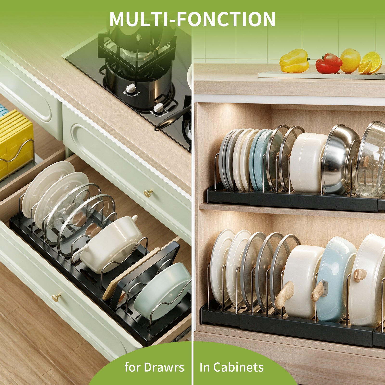 Windur 2 Pack Pots and Pans Organizer Under Cabinet, 22.4" Expandable Kitchen Organizers and Storage with 10 Adjustable Dividers, Pot and Pan Lid Storage Rack Inside Cabinet/Countertop Cupboard-Black