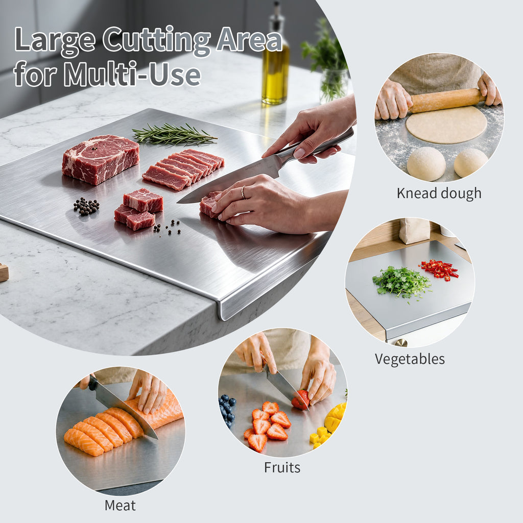 Windur Large Stainless Steel Cutting Boards for Kitchen, Metal Chopping Boards with Lip, Scraper, Non-Slip Mat, Pastry Charcuterie Board for Countertop Cutting Meats Fruits, Easy To Clean 11.8"x15.8"