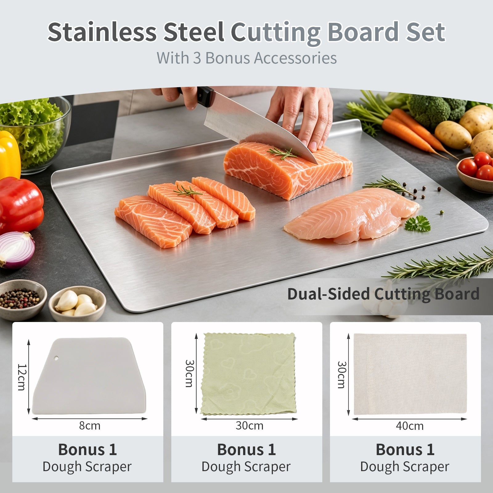 Windur Extra Large Stainless Steel Cutting Board with lip, Metal Chopping Boards for Kitchen, Scraper, Non-Slip Mat, Pastry Charcuterie Board for Countertop Cutting Meats Fruits 15.8"x23.6"