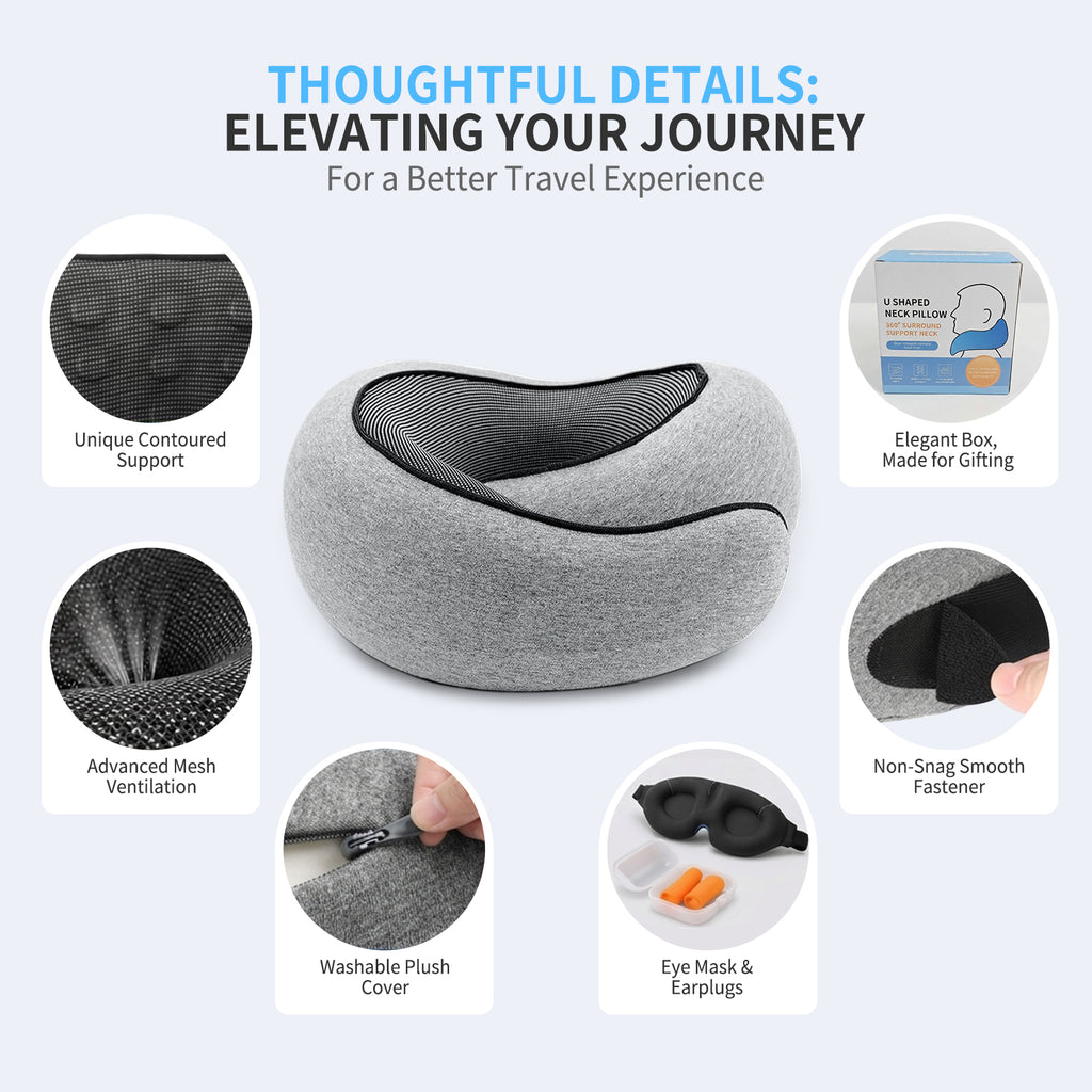 Windur Travel Neck Pillow for Airplane, Memory Foam Neck Pillow for Airplanes, Comfortable Breathable Cover, 360° Support Stowable Pillows for Sleeping/Car, Airport Travel Essentials, Gray