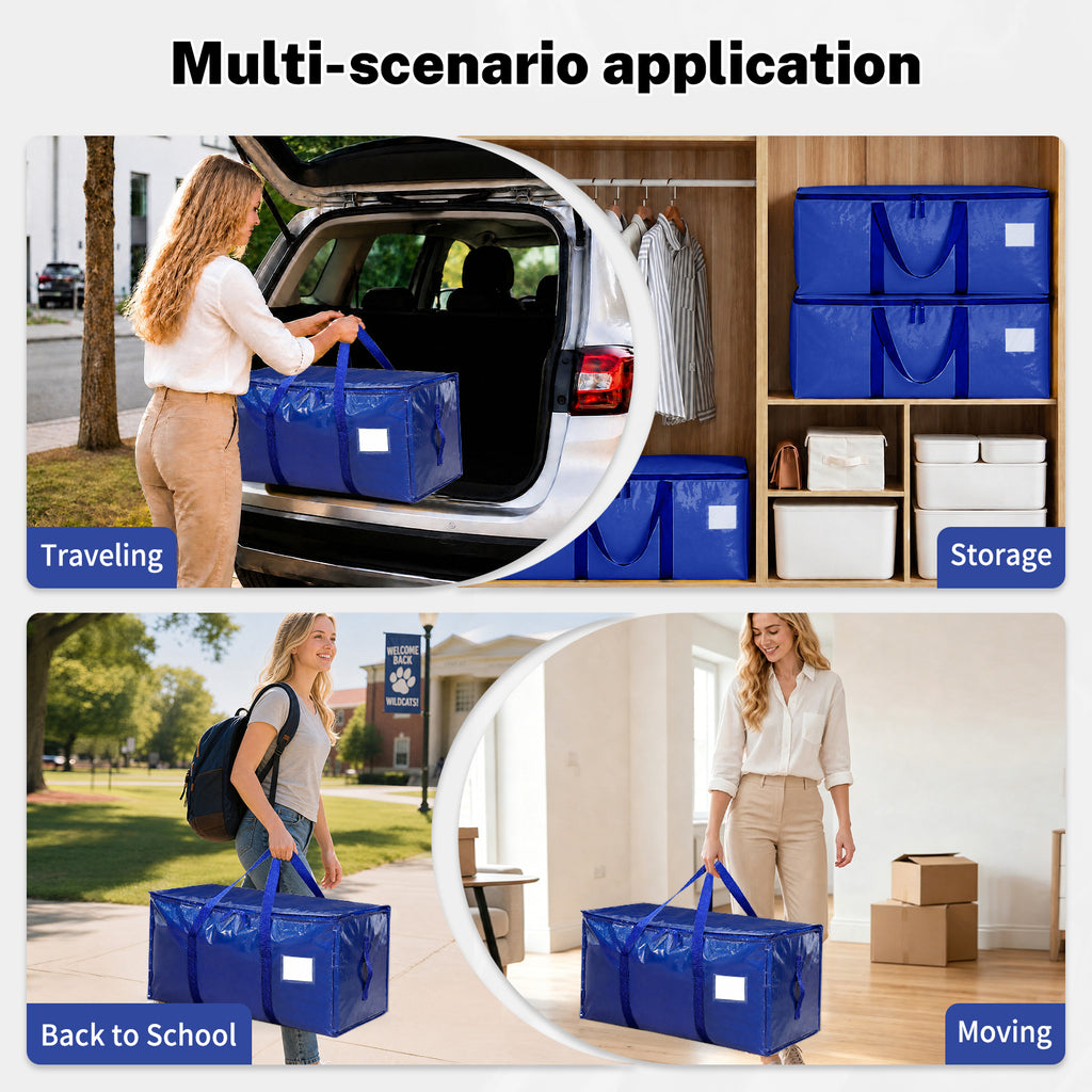 Windur 6 Pack Large Moving Bags & Storage Bag, 90L Heavy Duty Moving Box with Reinforced Bottom & Wrap-Around Handles, Tear-Resistant, Closet Organizers and Storage Tote for College Dorm Clothes-Blue