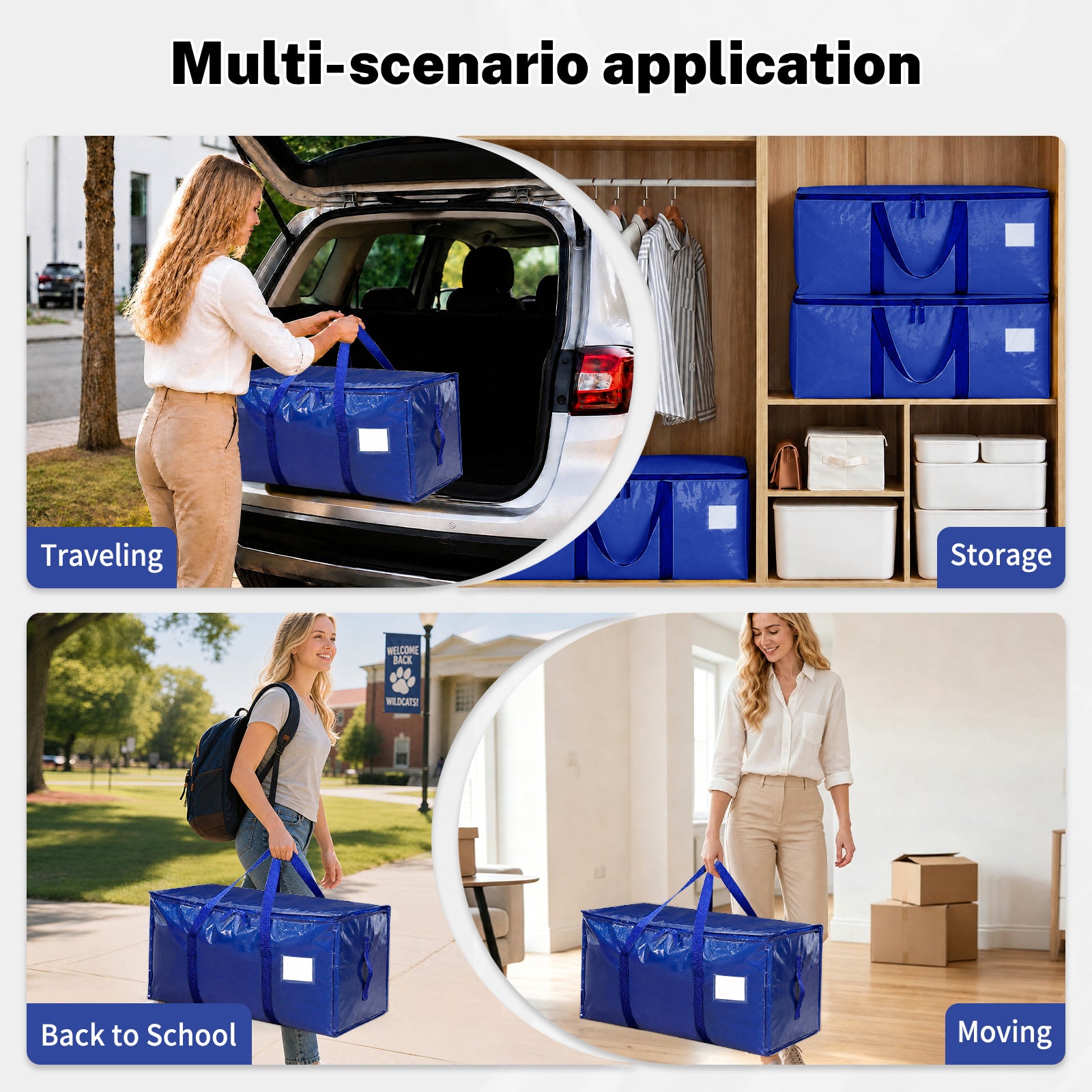 Windur 6 Pack Large Moving Bags & Storage Bag, 90L Heavy Duty Moving Box with Reinforced Bottom & Wrap-Around Handles, Tear-Resistant, Closet Organizers and Storage Tote for College Dorm Clothes-Blue