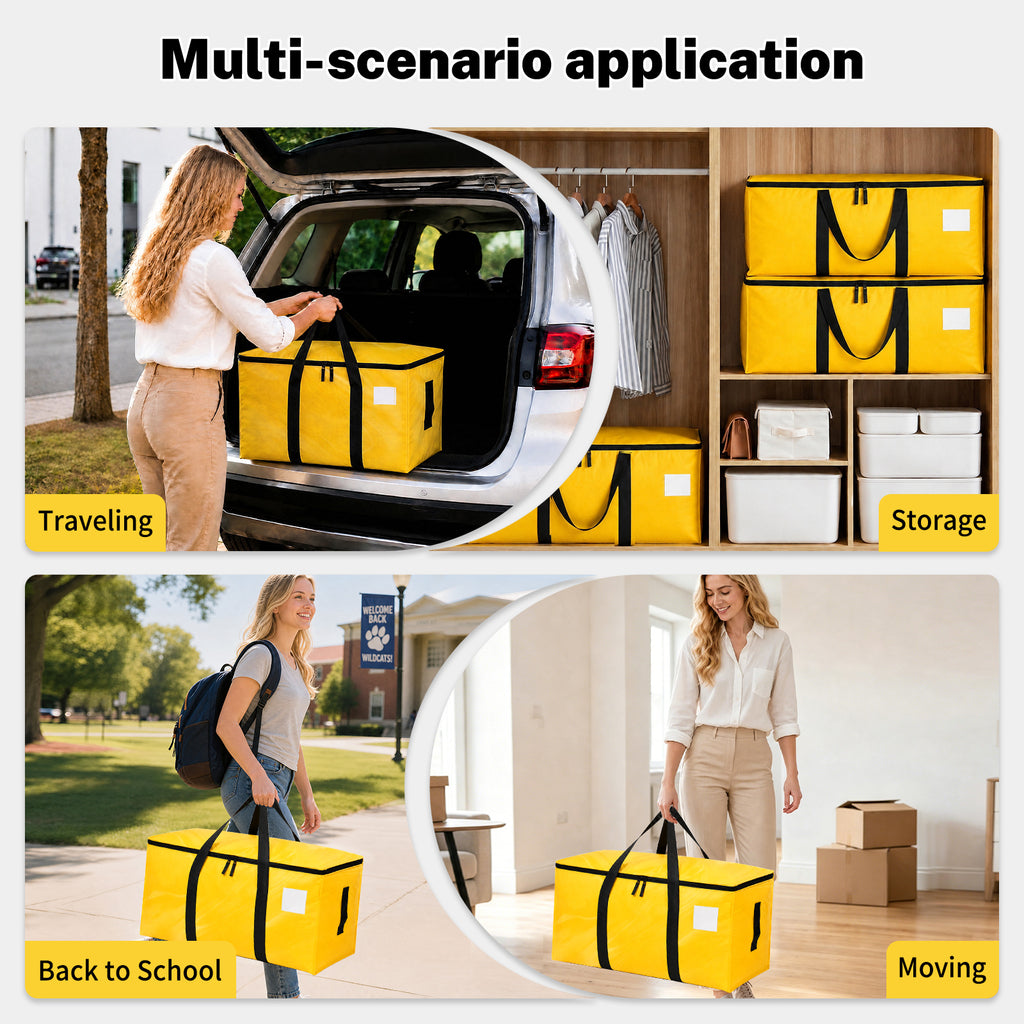 6 Pack Large Moving Bags and Storage Bag, 90L Heavy Duty Moving Boxes with Reinforced Bottom & Wrap-Around Handles, Tear-Resistant, Closet Organizers and Storage Bins for College Dorm Clothes-Yellow
